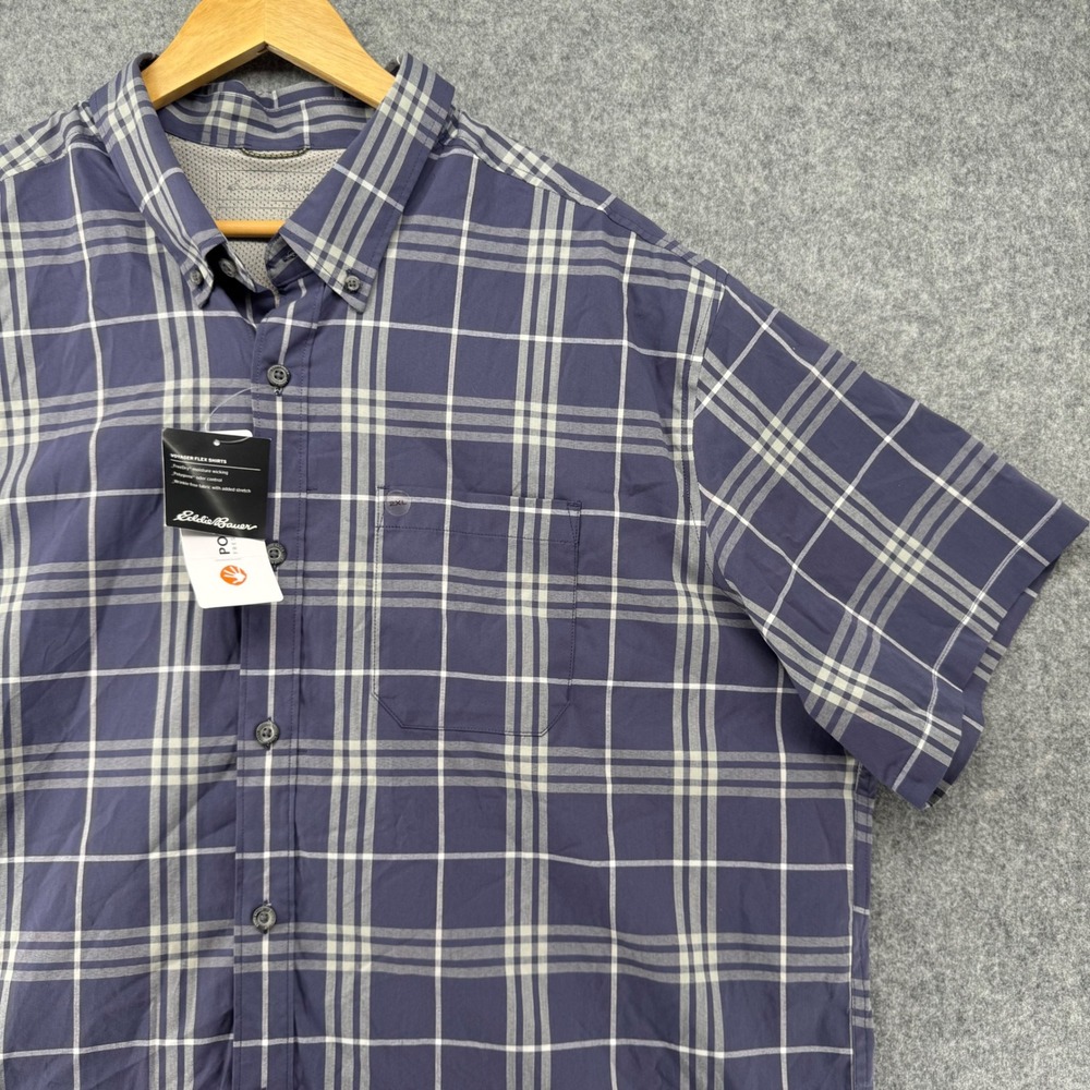 NEW Eddie Bauer Voyager Flex Shirt Mens 2XL Blue Plaid Short Sleeve Button Up